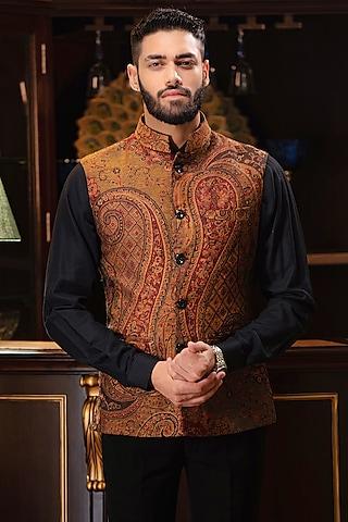 brown woven jacquard nehru jacket