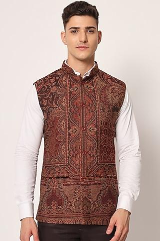 brown woven jacquard nehru jacket