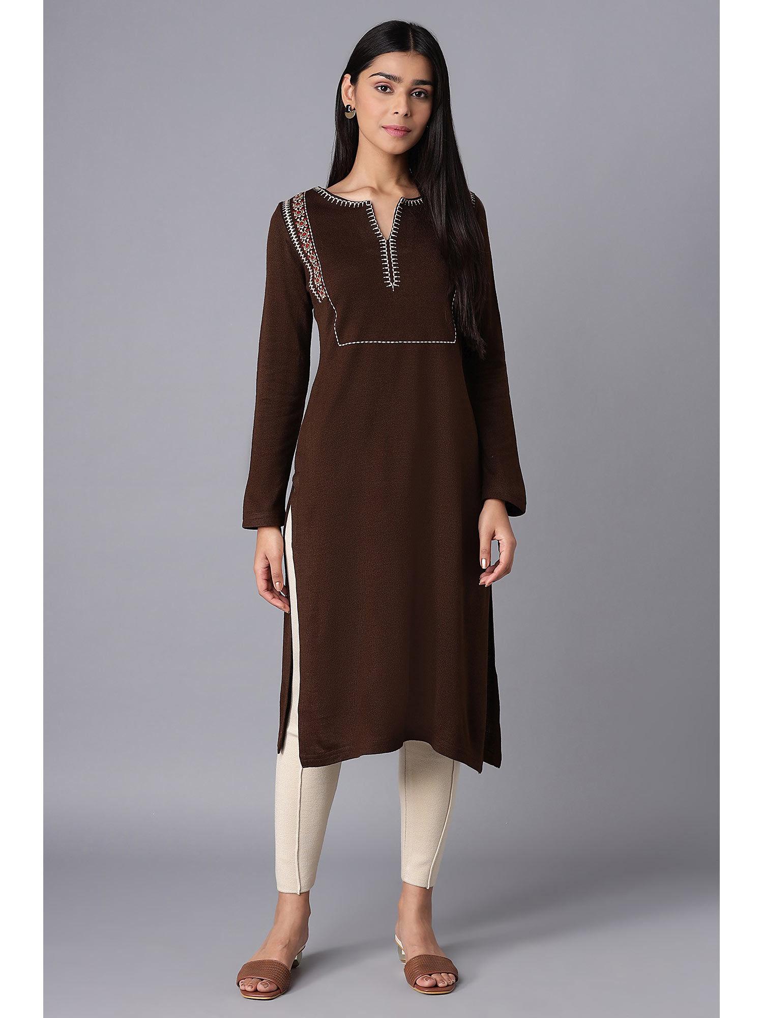 brown woven winter kurta