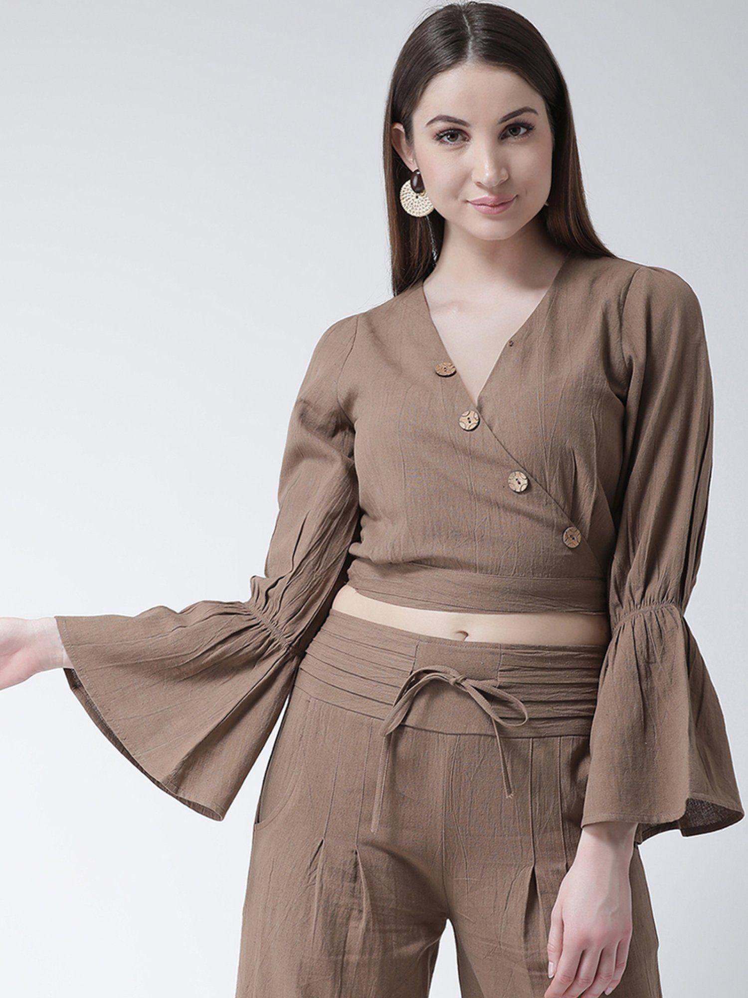 brown wrap buttoned tie up crop top