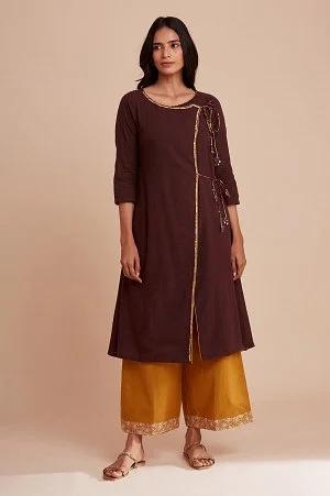 brown wrapped cotton kurta with tie up detail