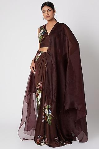 brown wrinkled crepe printed pre-stitched saree set