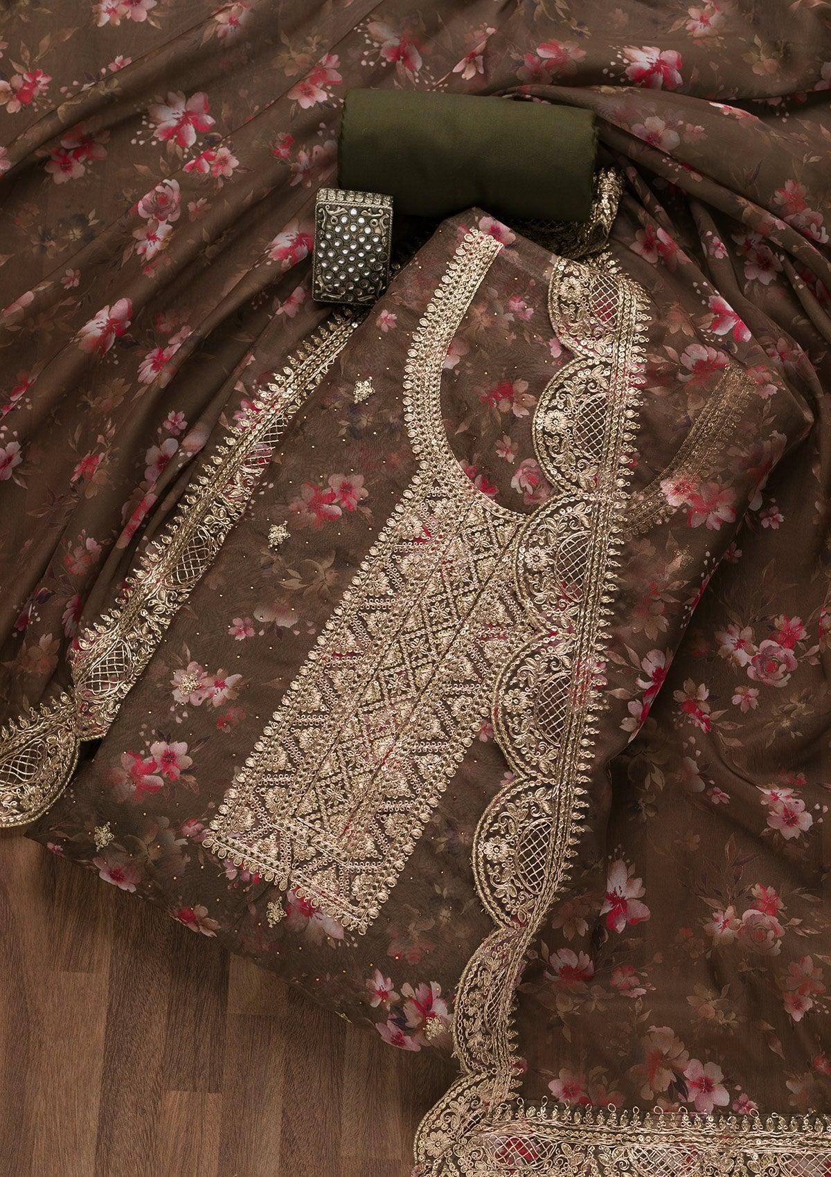 brown zariwork tissue unstitched salwar suit