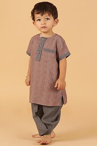 brownish grey cotton bandhani printed kurta set for boys