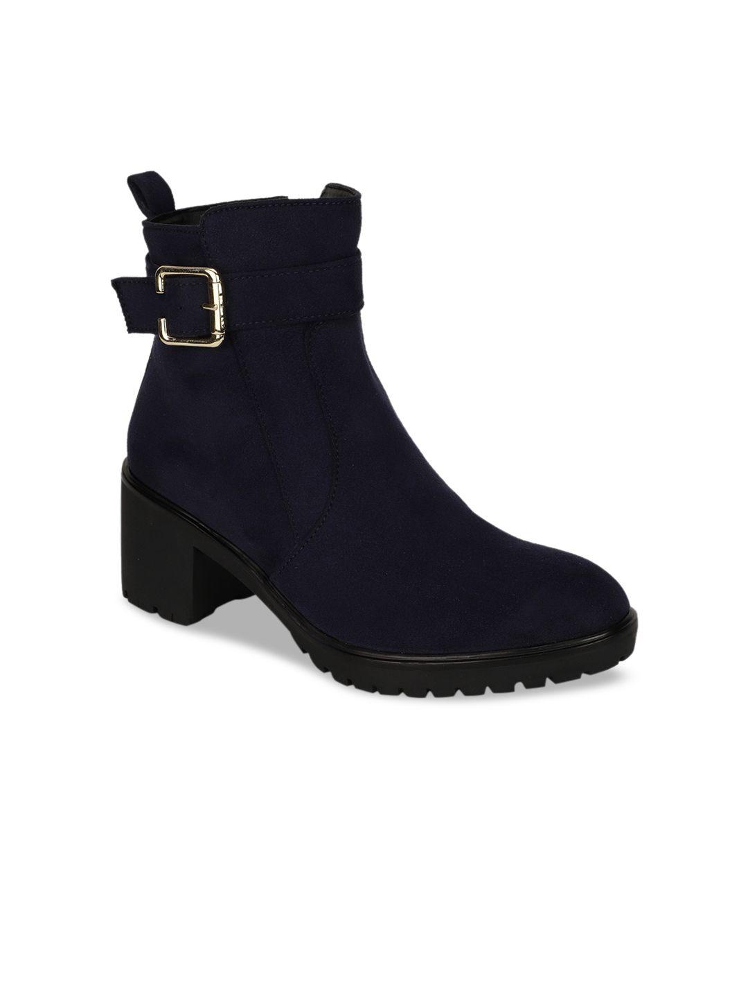 bruno manetti women navy blue suede block heeled boots with buckles