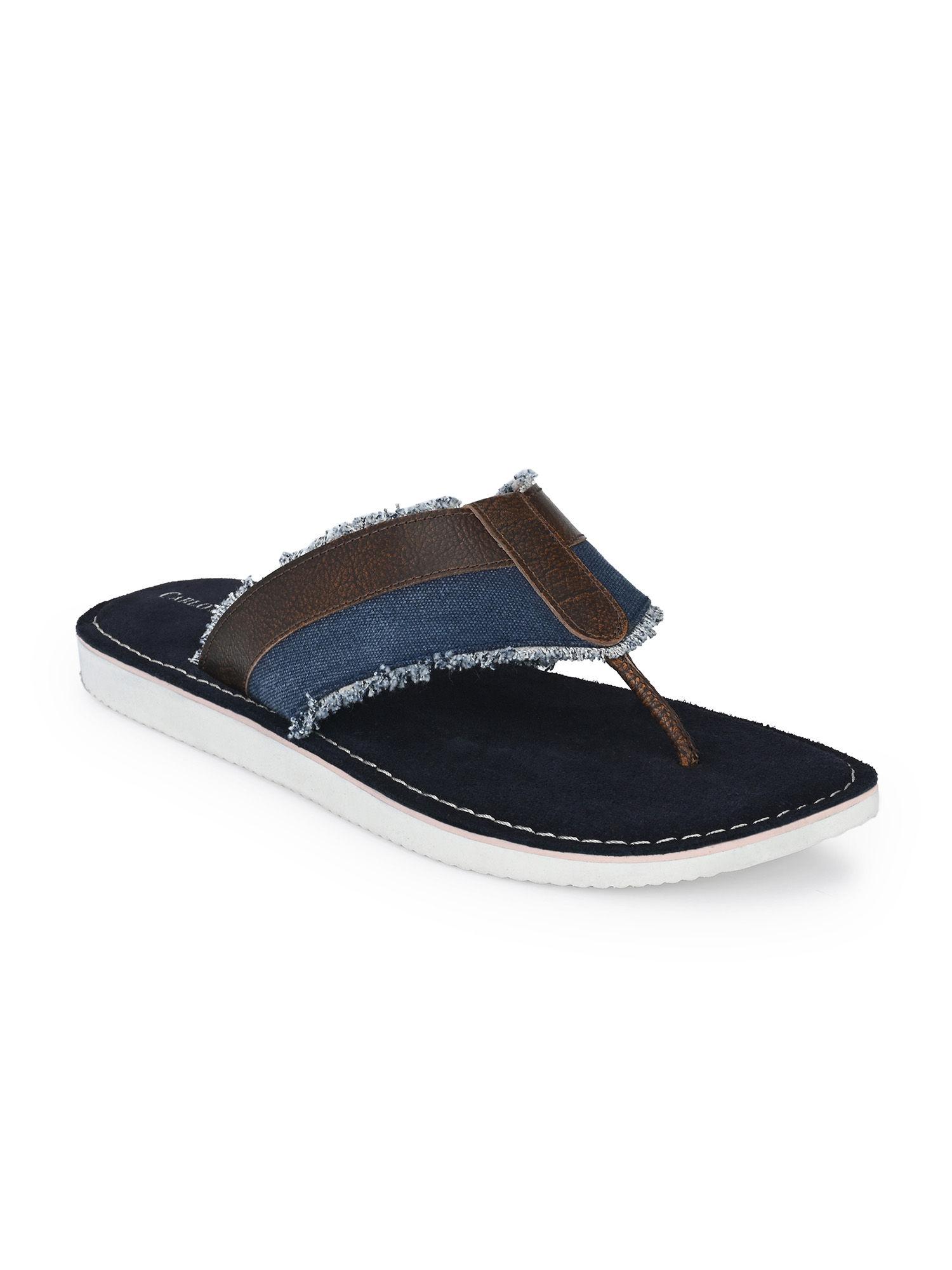 brush off leather brown blue flipflops