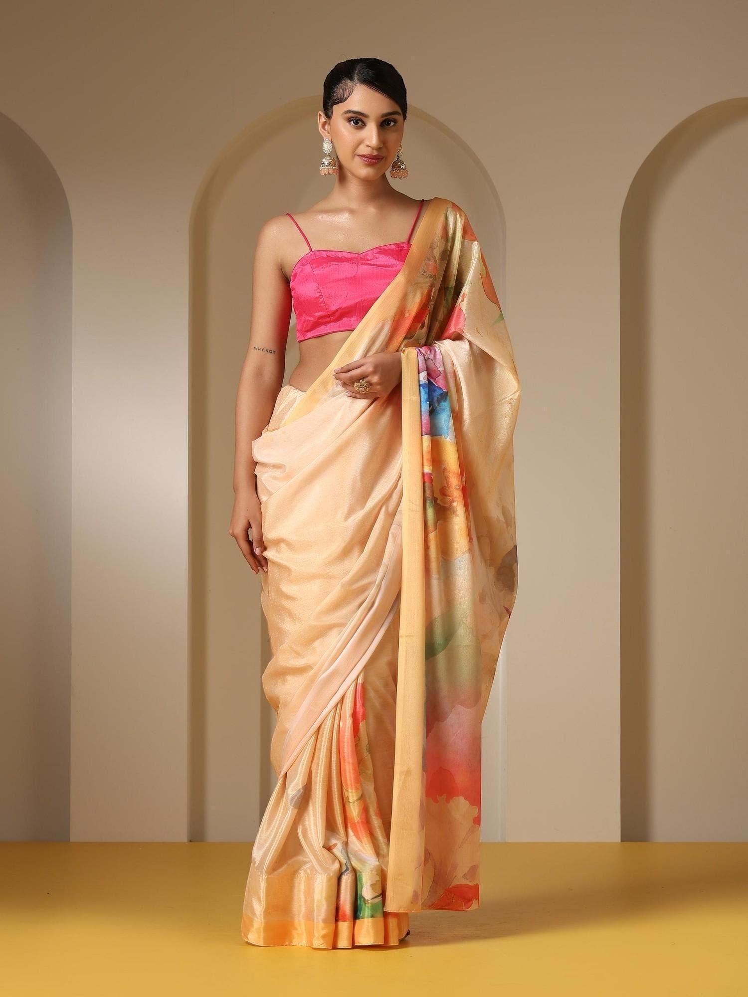 brush strokes wine printed saree with unstitched blouse fabric