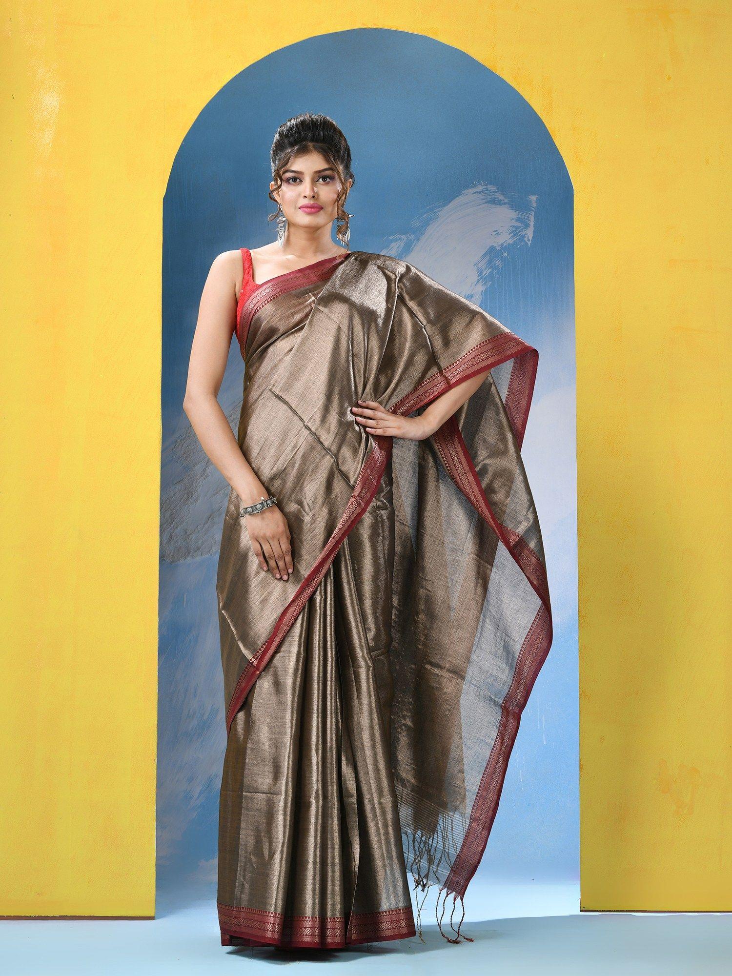 brushed copper zari cotton handloom saree with unstitched blouse