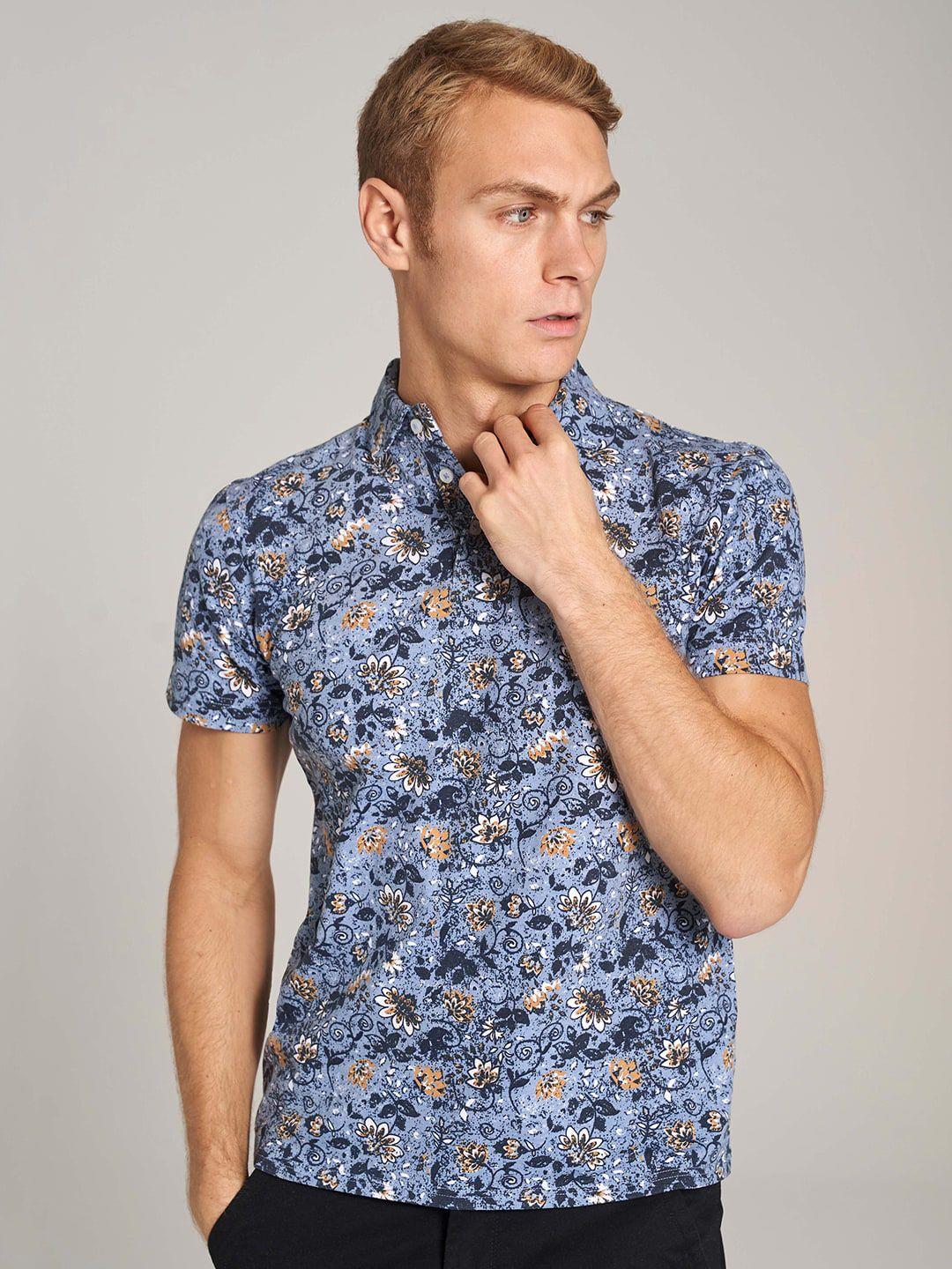 bruun & stengade men blue floral printed polo collar tropical t-shirt