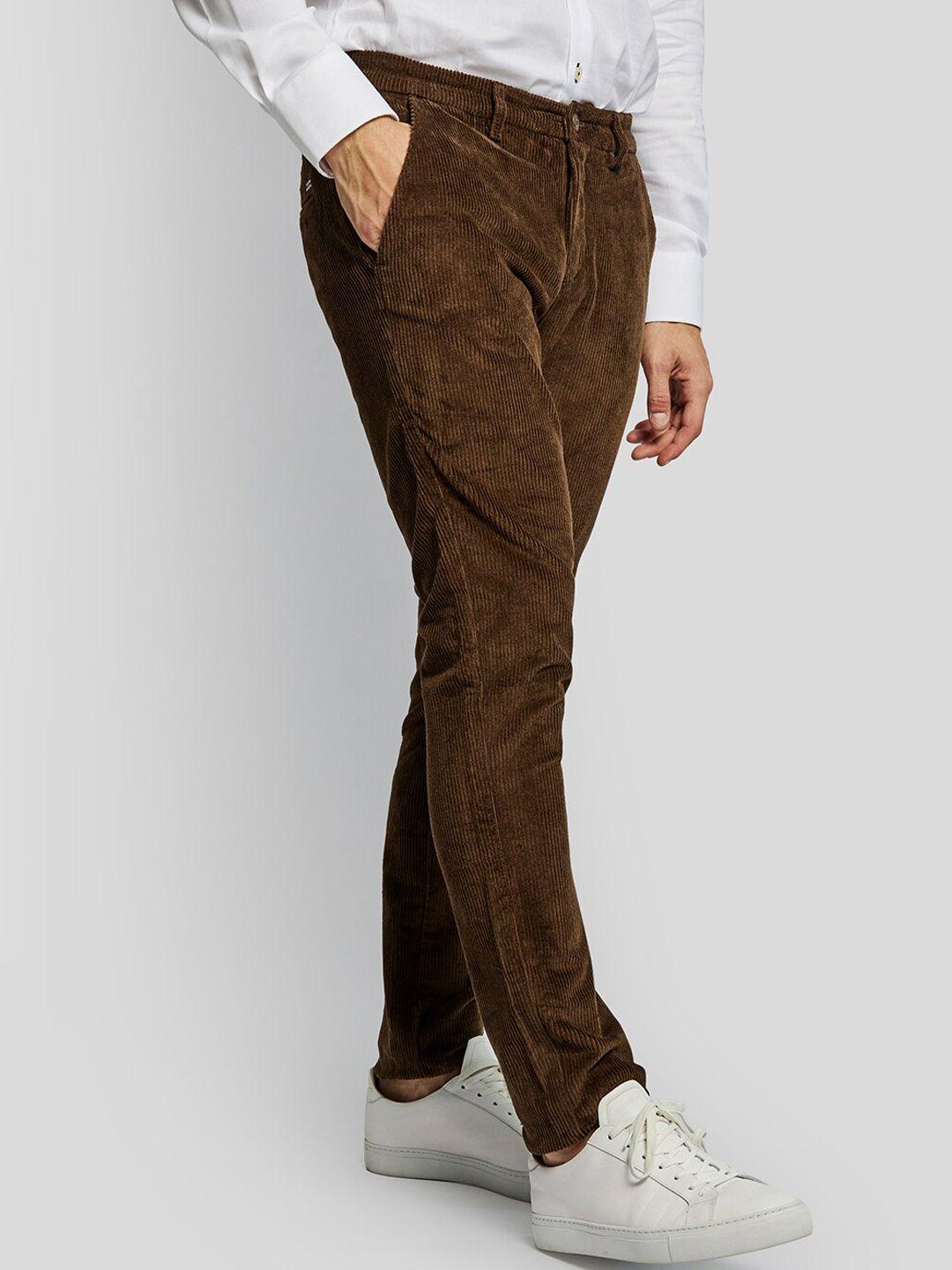 bruun & stengade men dark brown solid slim fit trousers