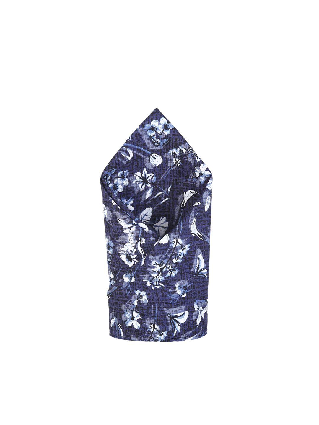 bruun & stengade men navy blue & white floral printed cotton pocket square