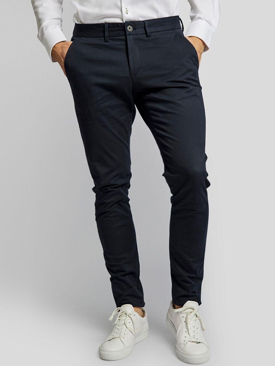 bruun & stengade men navy blue solid slim fit chinos trousers