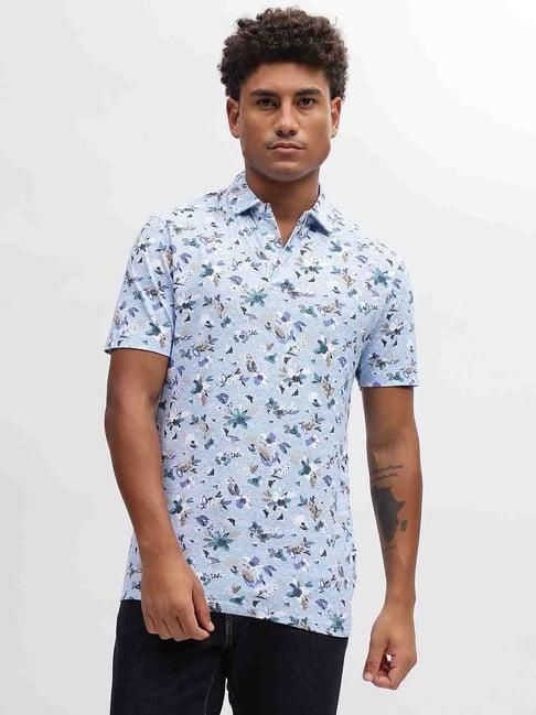 bruun & stengade blue cotton regular fit printed polo t-shirt