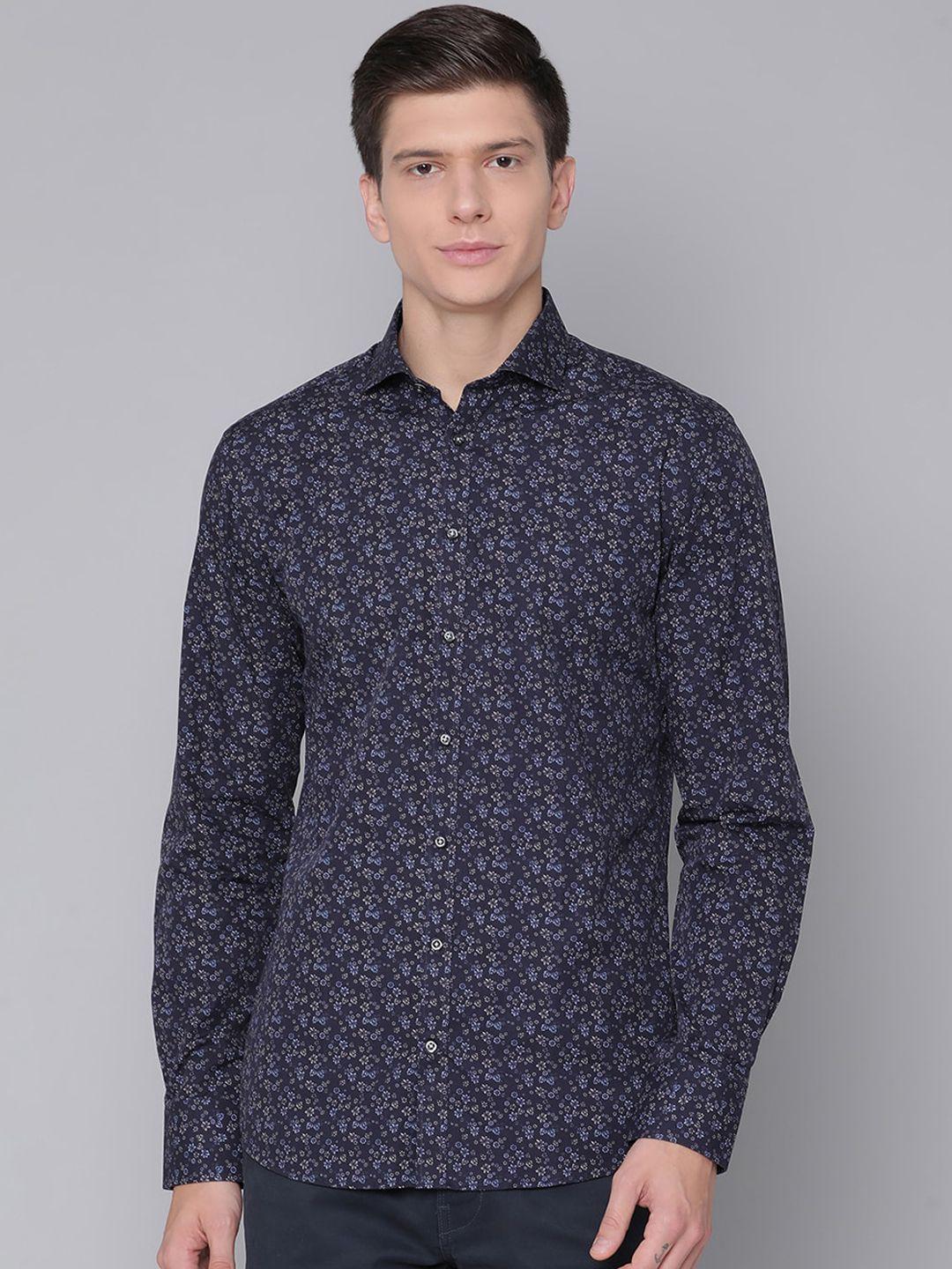 bruun & stengade men navy blue slim fit floral pure cotton printed casual shirt