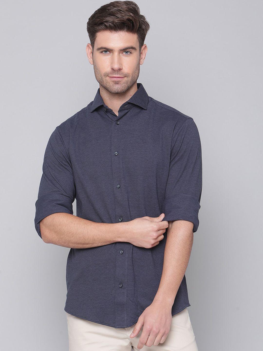 bruun & stengade men navy blue slim fit opaque printed casual shirt