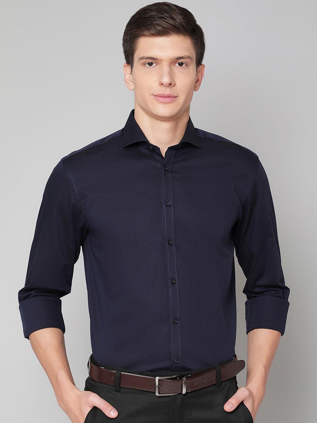 bruun & stengade men navy blue slim fit pure cotton casual shirt