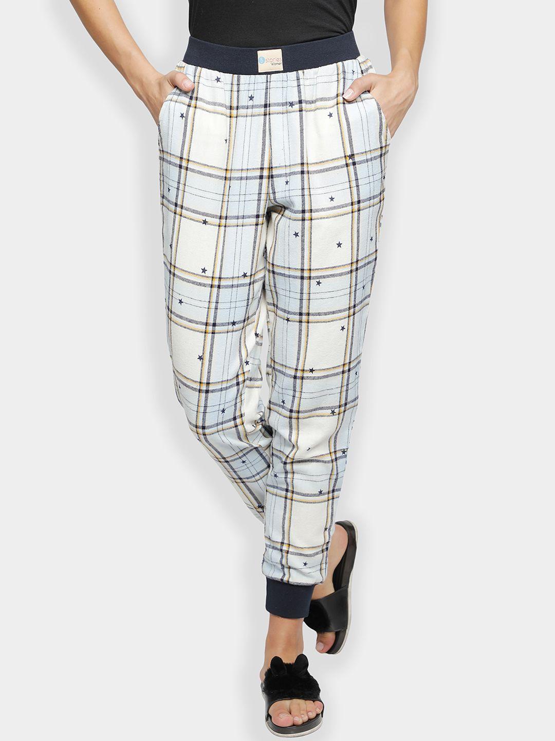 bstories women navy blue & white checked cotton joggers
