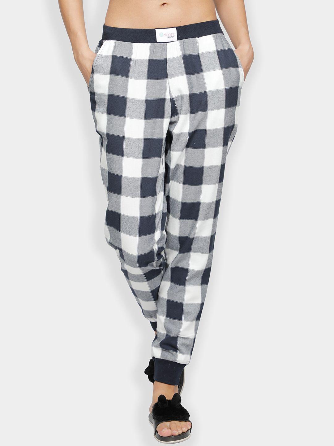 bstories women navy blue checked pure cotton lounge pants