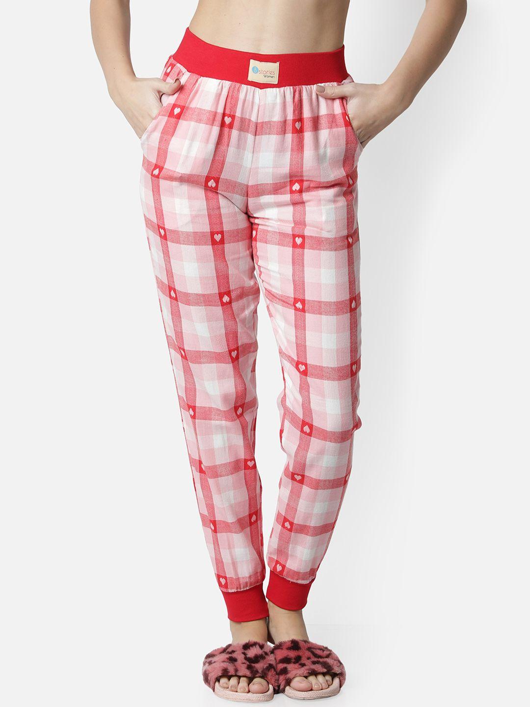 bstories women pink & white checked cotton lounge pants
