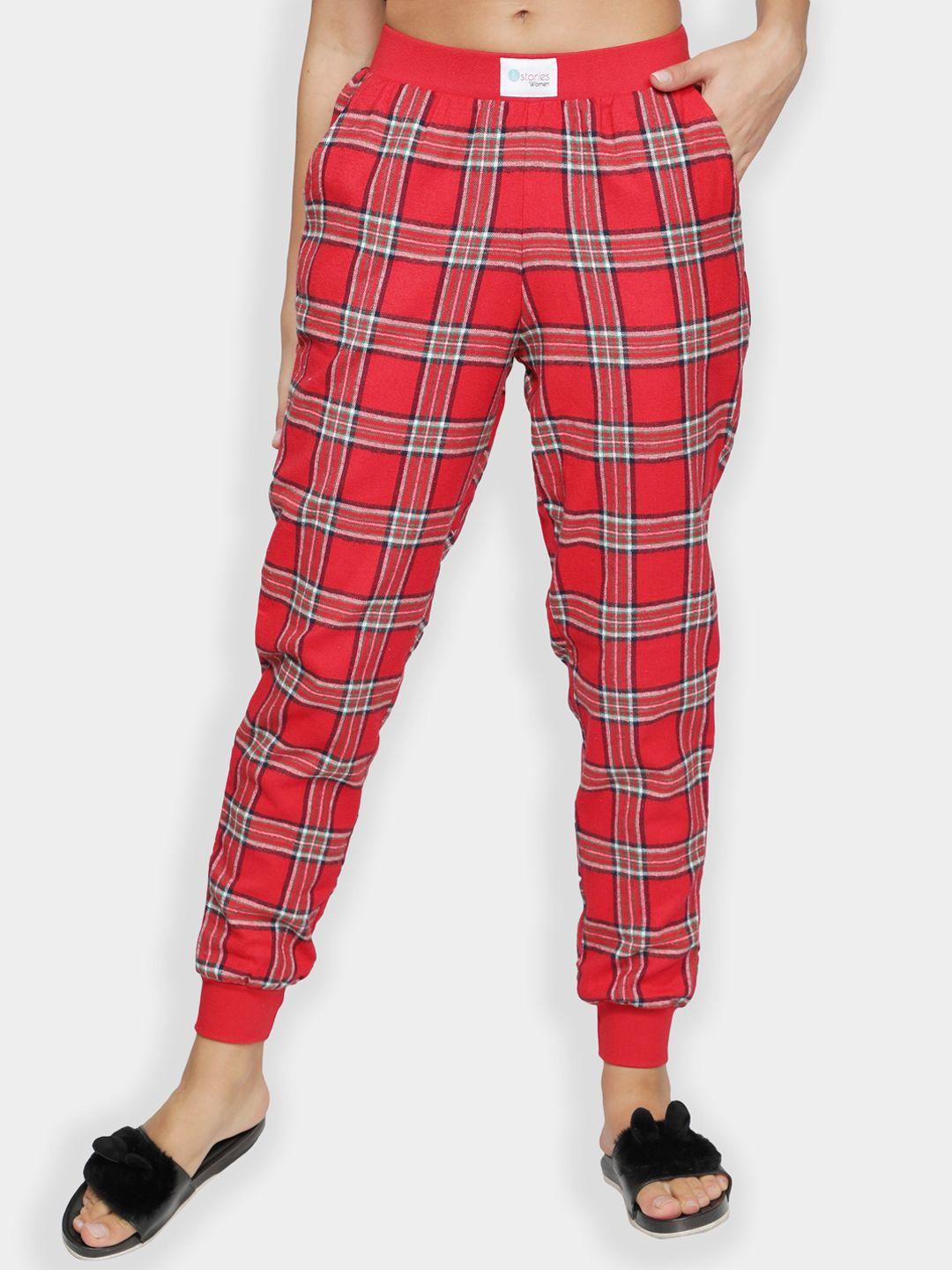 bstories women red checked cotton lounge pants