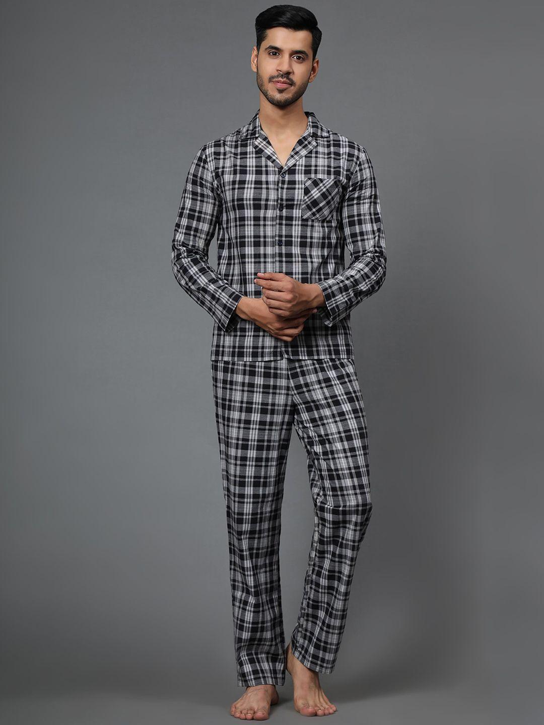 bstories men black & grey checked cotton night suit