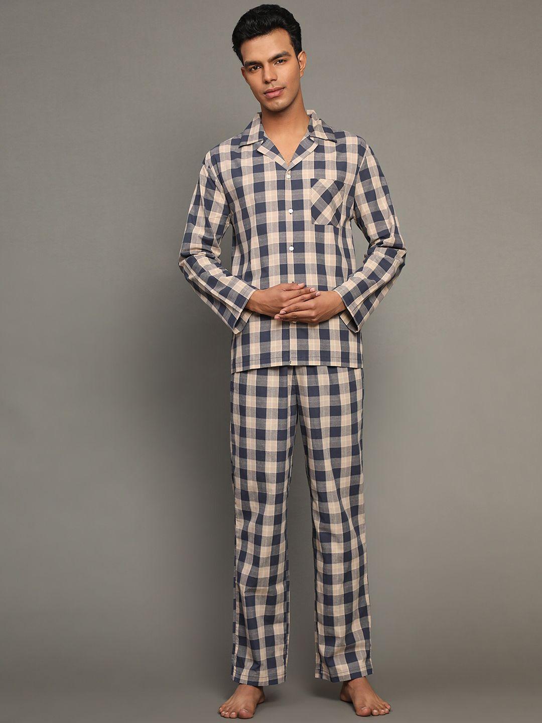 bstories men checked printed pure cotton night suit