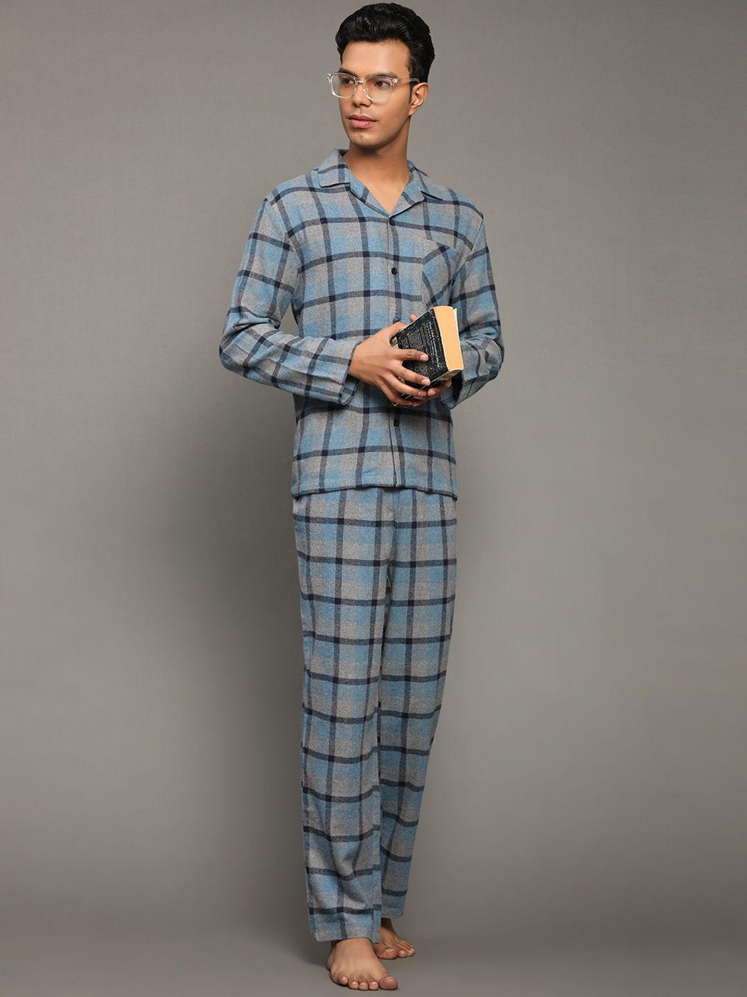 bstories men checked printed pure cotton night suit