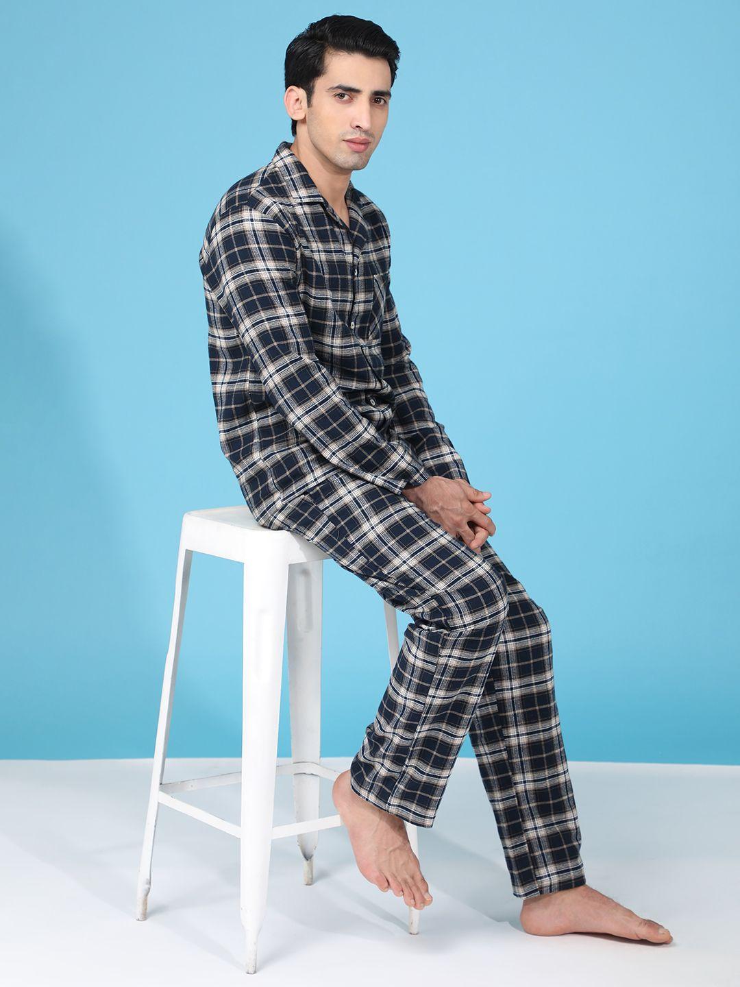 bstories men navy blue & white pure cotton checked night suit