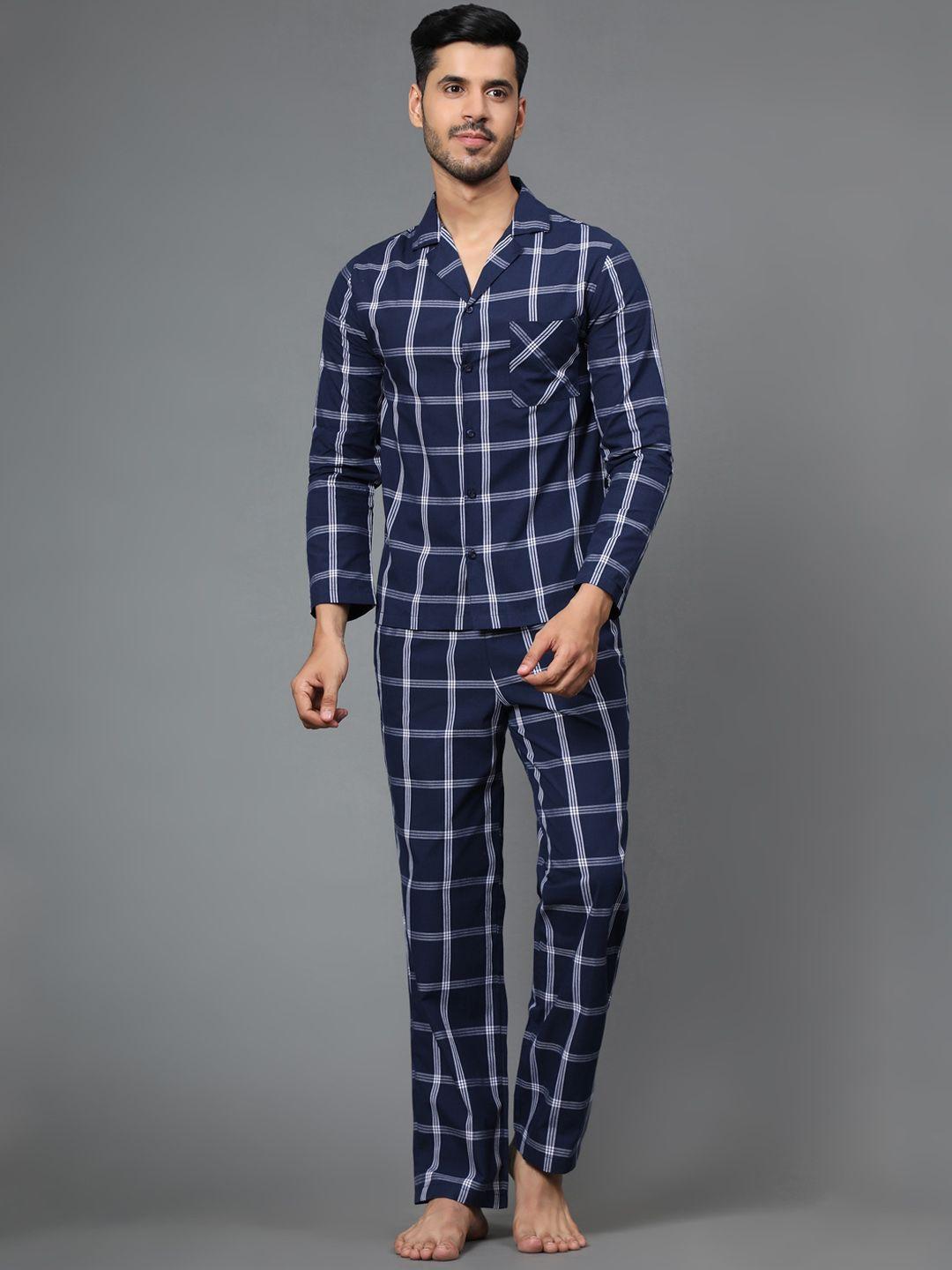 bstories men navy blue pure cotton checked night suit