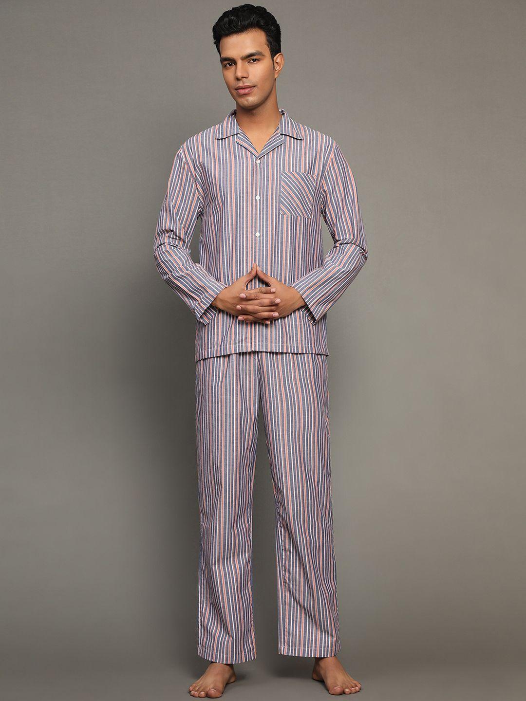 bstories men striped printed pure cotton night suit