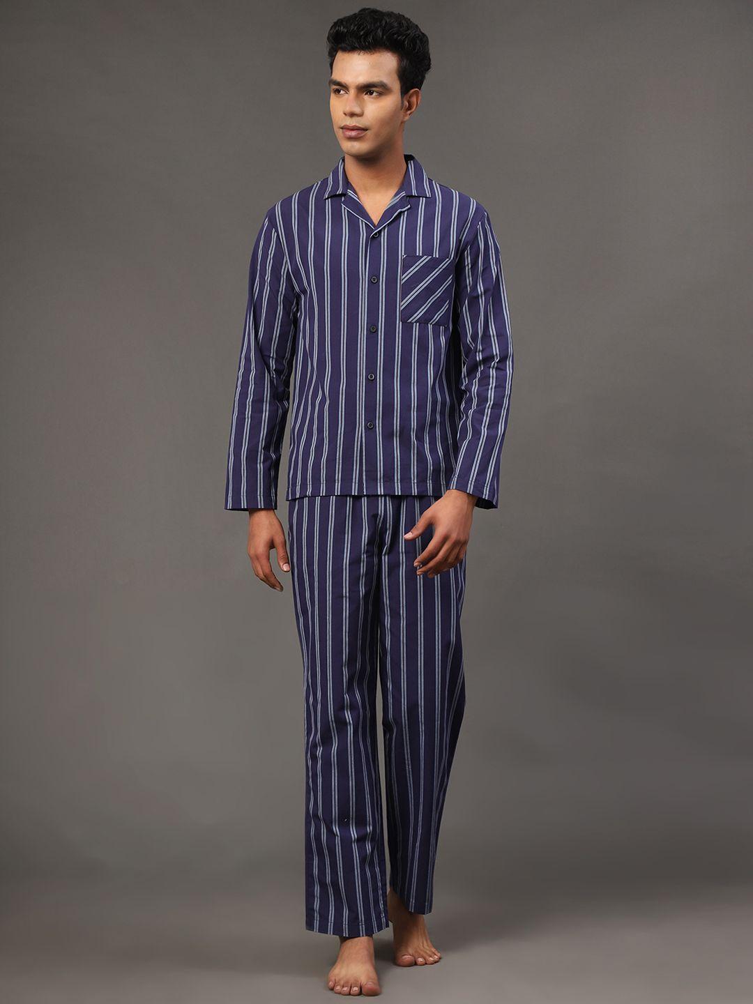 bstories striped lapel collar pure cotton night suit