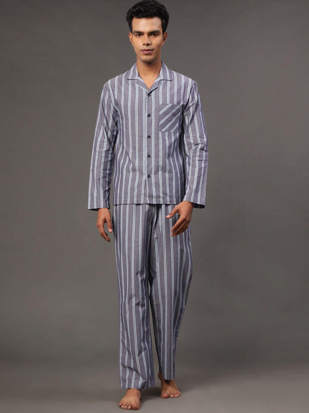 bstories striped lapel collar pure cotton night suit