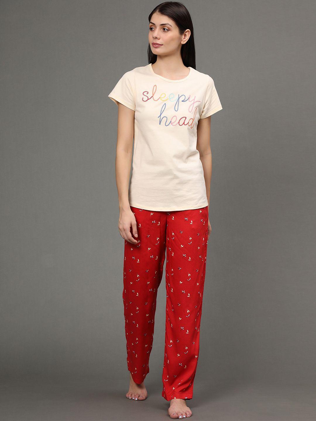 bstories women cream-coloured & red printed night suit