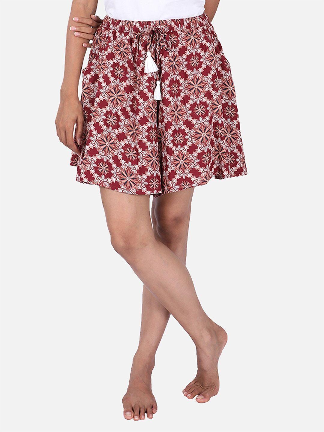 bstories women maroon & white printed lounge shorts