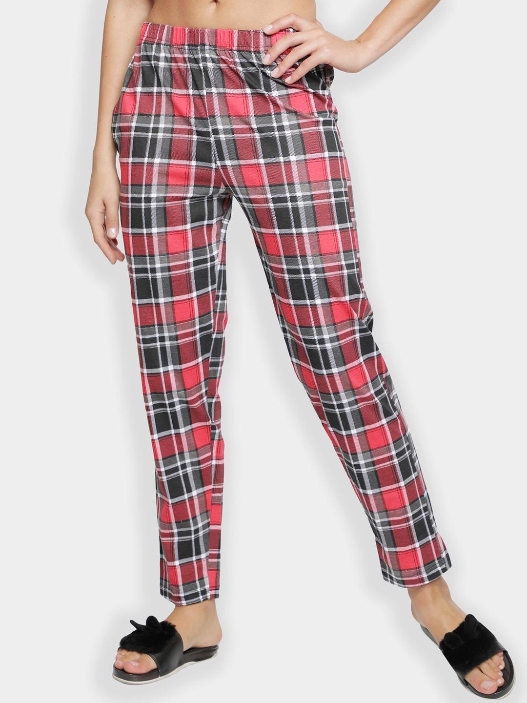 bstories women red & black checked printed cotton lounge pants
