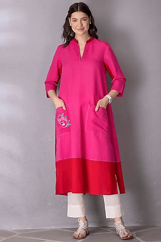 bubble gum cotton linen embroidered a-line tunic set