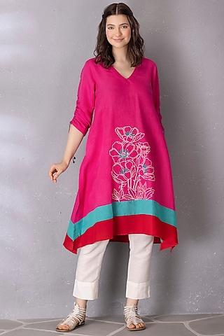 bubble gum cotton linen embroidered a-line tunic set