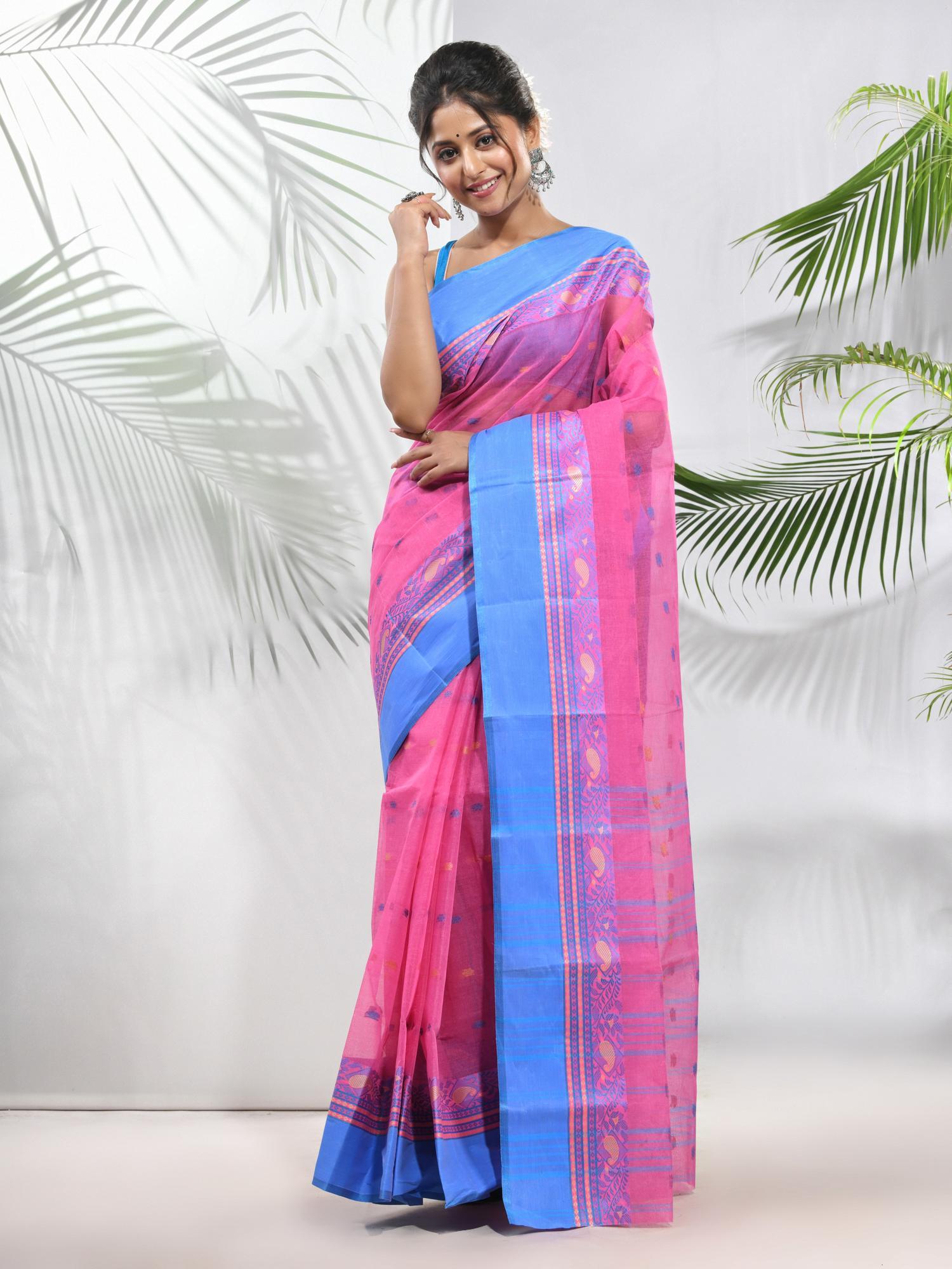 bubble-gum pink pure cotton tant woven designs saree without blouse