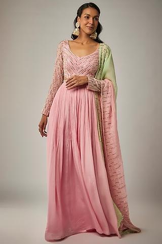 bubble pink pure crepe abstract embroidered anarkali set