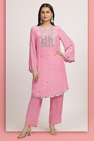 bubblegum pink crepe bead embellished a-line tunic set