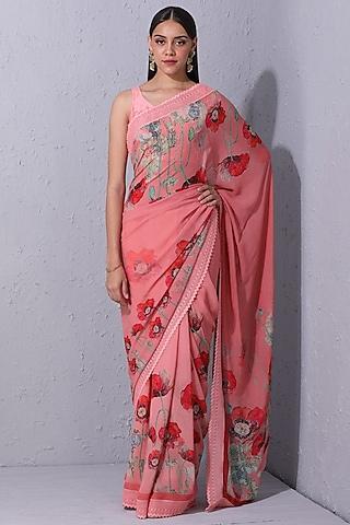 bubblegum pink floral motifs printed saree set