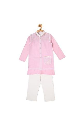 bubblegum pink kurta set with bundi jacket for boys