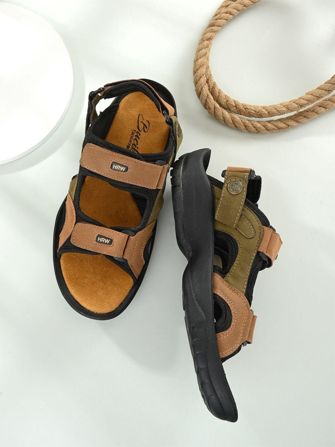 bucik men olive green & brown leather comfort sandals