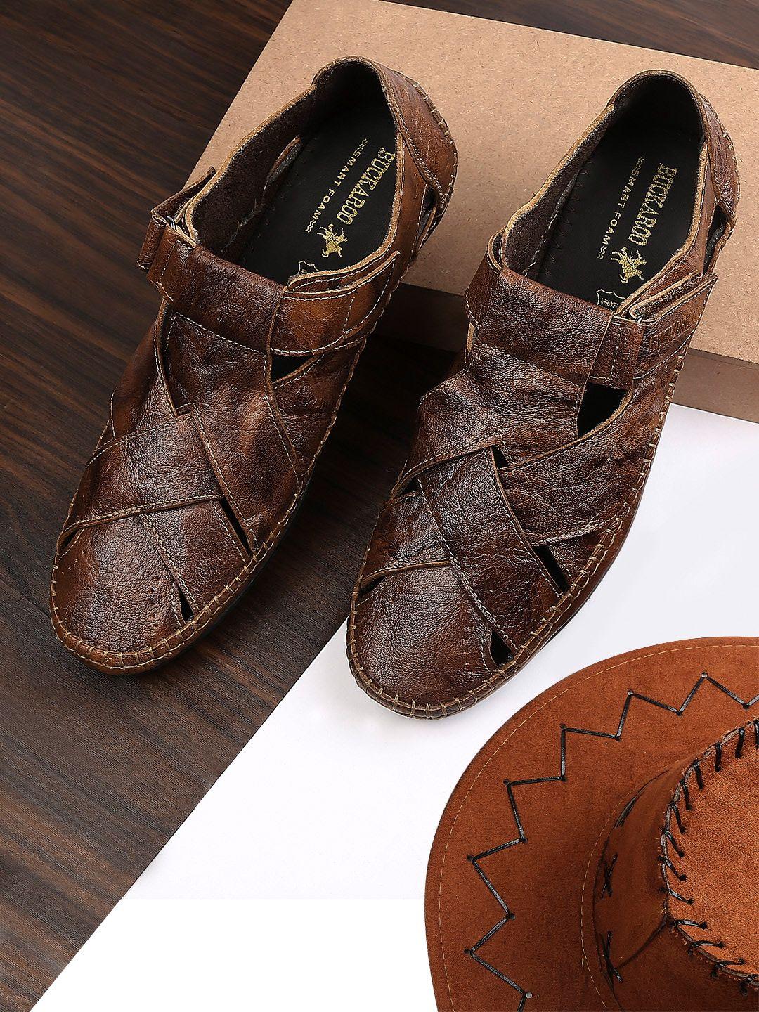 buckaroo men coffee brown basket woven leather shoe-style sandals