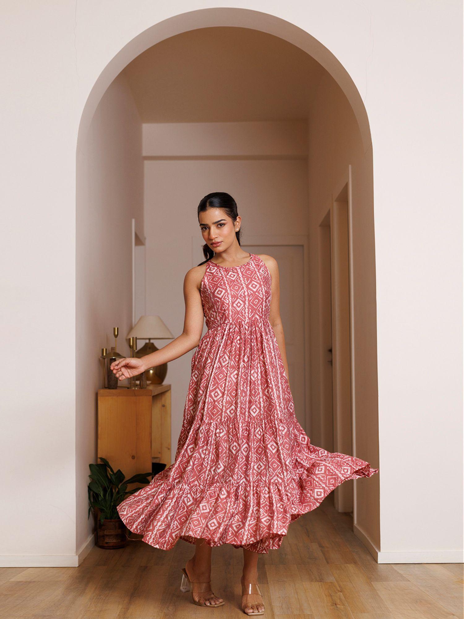 buckeye belle pink printed chanderi maxi dress