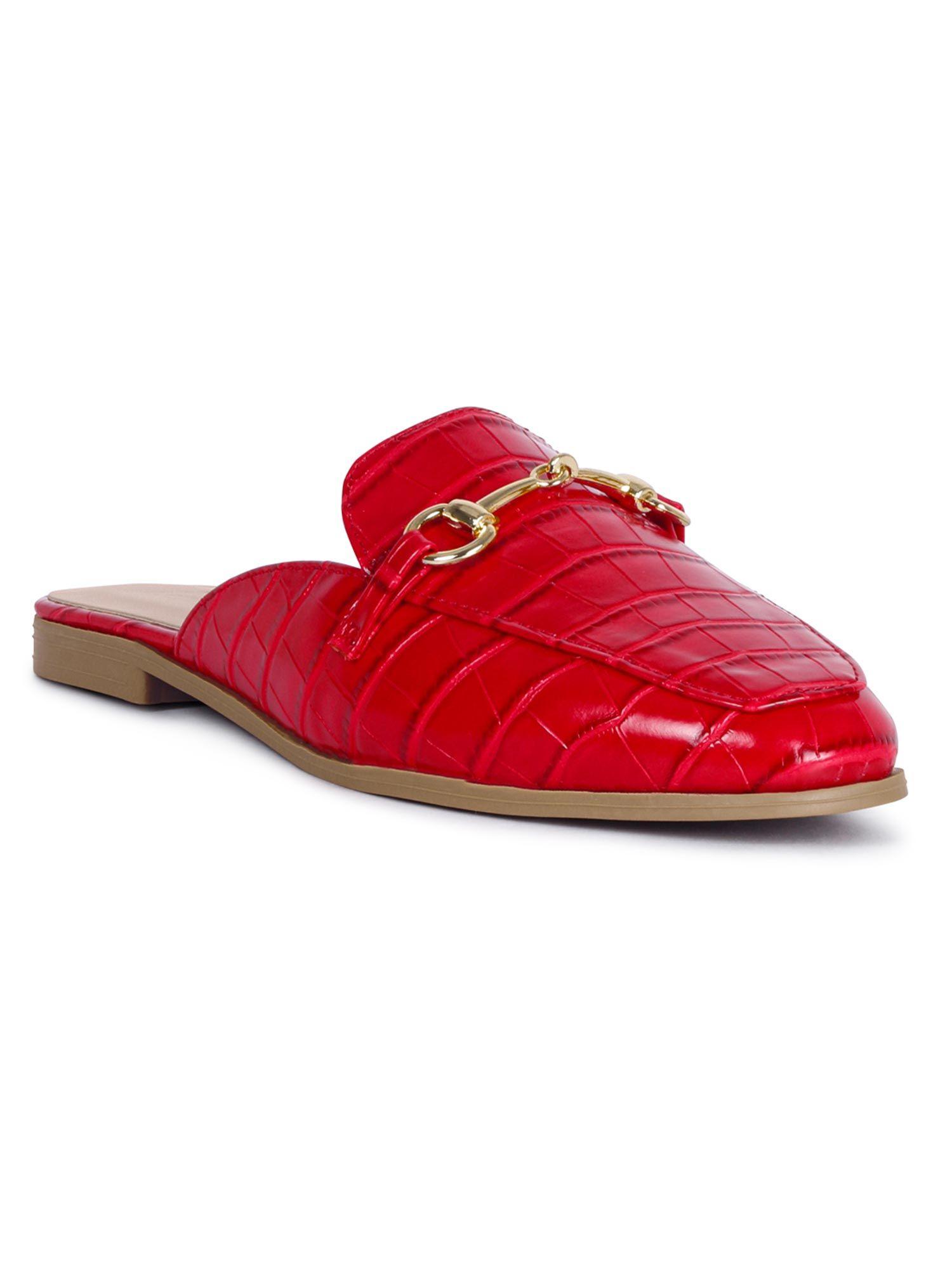 buckled croc mules in red