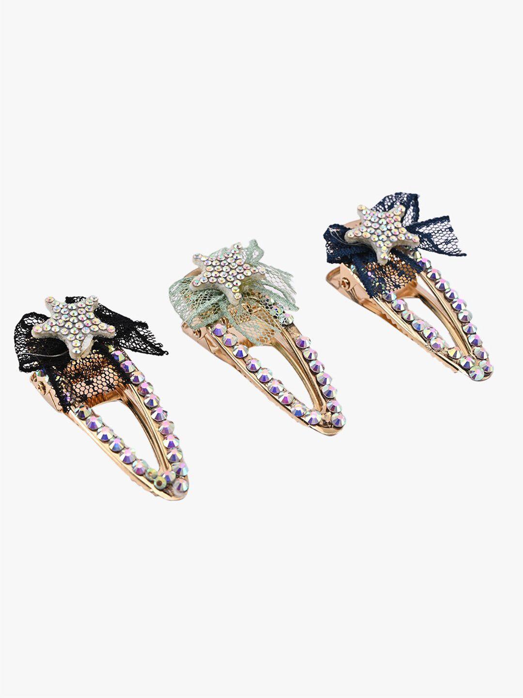 buckleup girls gold-toned & black set of 3 embellished tic tac hair clip