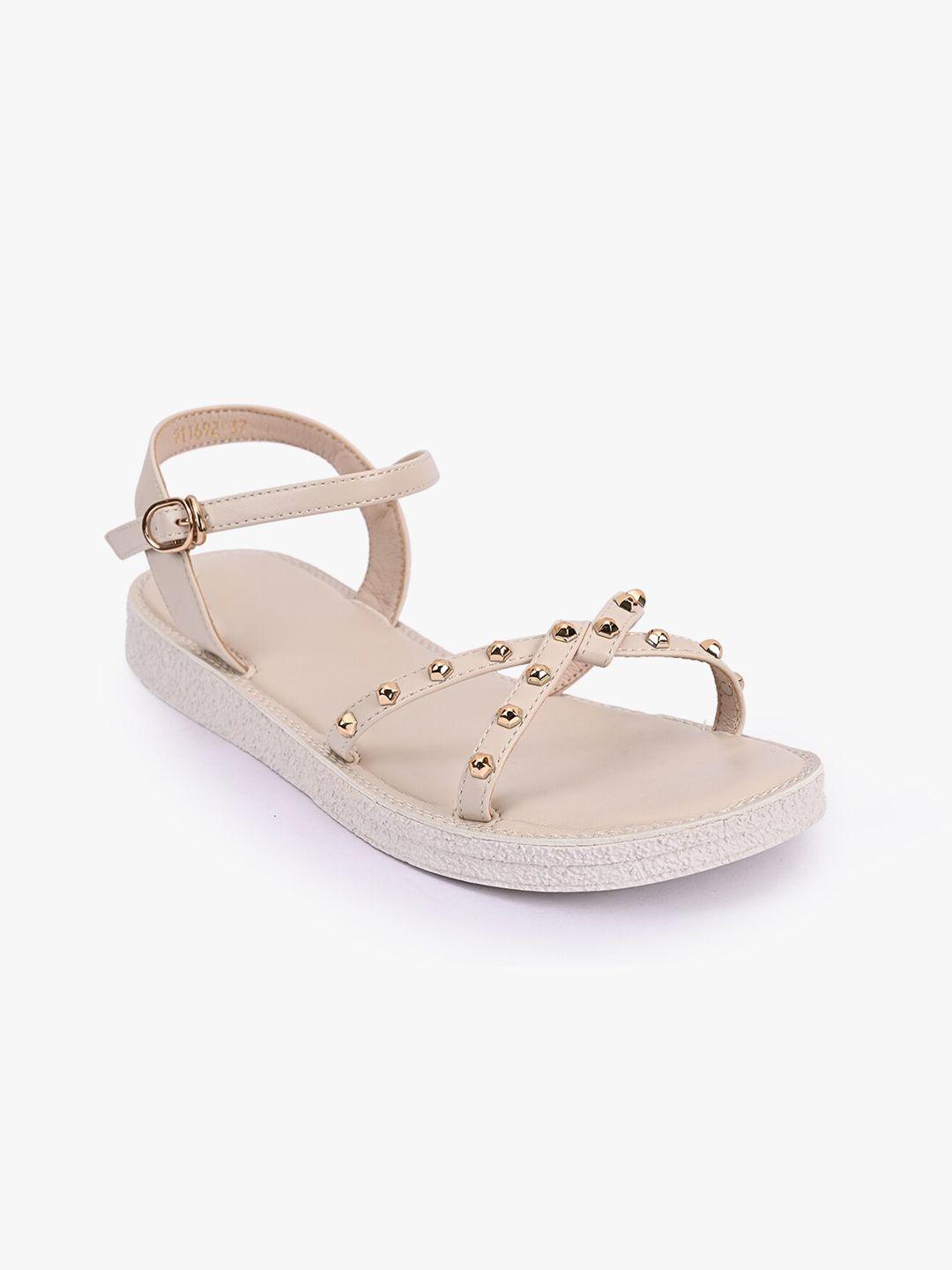 buckleup women beige embellished synthetic patent open toe flats