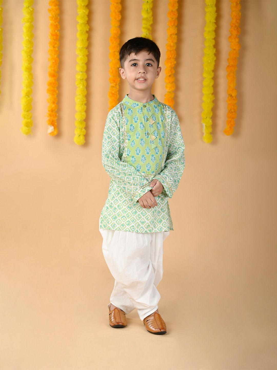 budding bees boys ethnic motifs pure cotton printed kurta with dhoti pants & nehru jacket