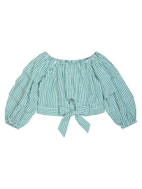 budding bees kids green & white striped full sleeves crop top